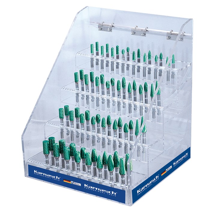 Lockable Display Case with 64 Rotary Burrs, HP3 Pro Cut, Green-tec Coated