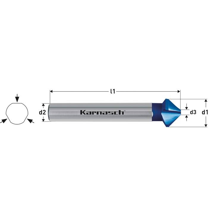 HSS-XE + BLUE-TEC beschichteter Kegelsenker DIN 335 Form C 90 Grad, 3-Flächen-Schaft, RAPID-CUT